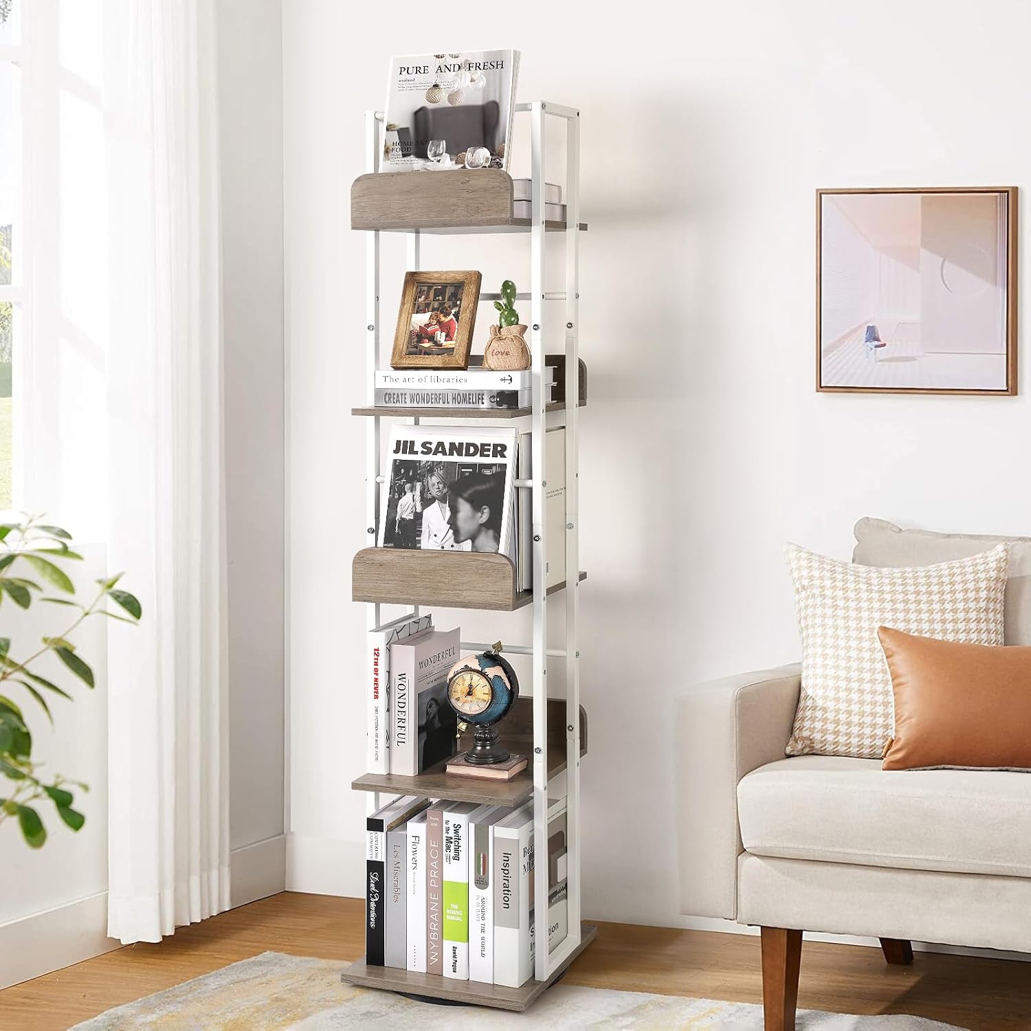 Thumbnail 6 de Bikoney 5-Tier Rotating Corner Bookshelf (White & Grey) – Industrial, Narrow, Tall Design