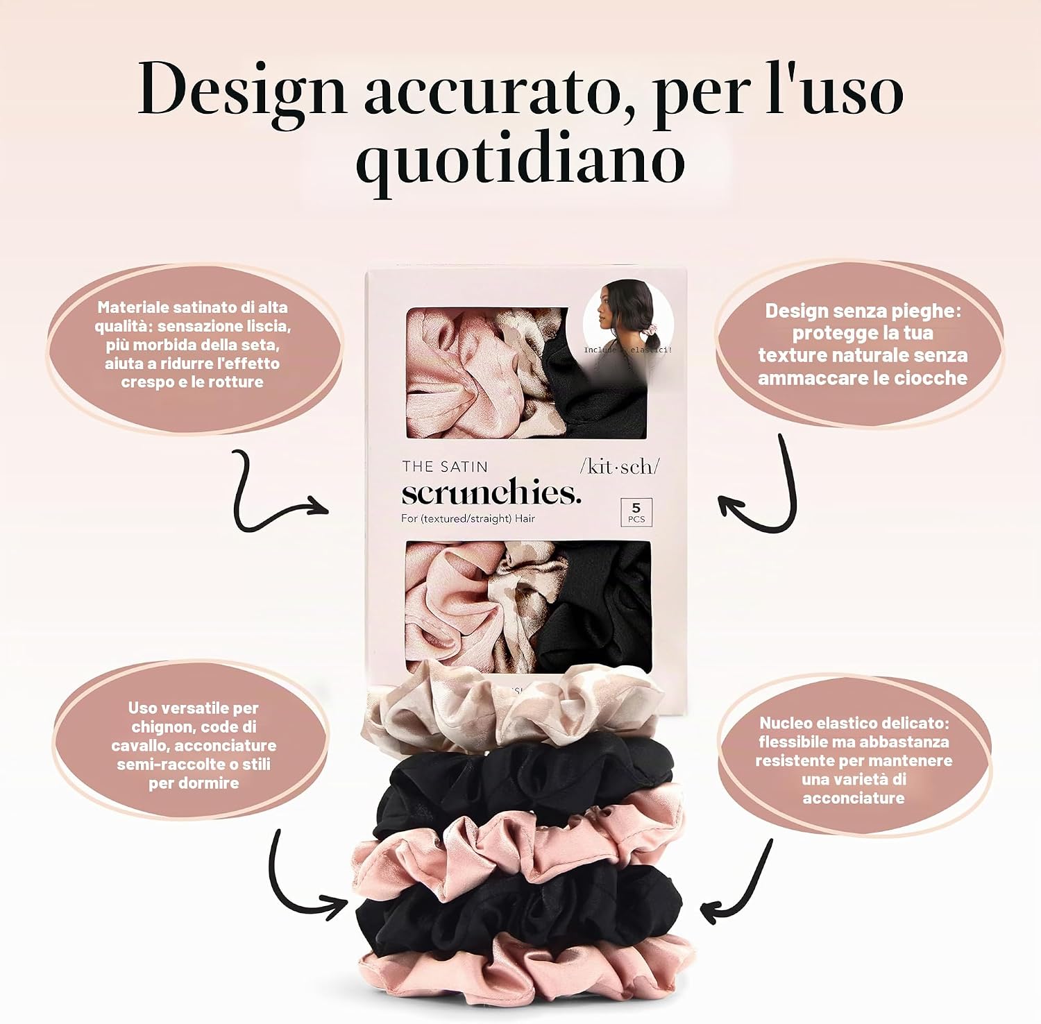 Detalle de Elastici in raso Kitsch per capelli, 5 pezzi