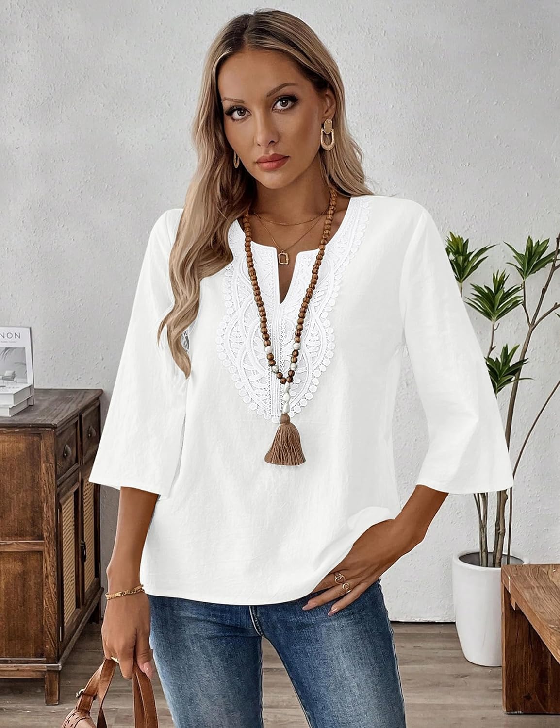 Thumbnail 2 de Rapbin Damen-Bluse mit 3/4-Ärmeln, V-Ausschnitt & Baumwoll-Spitze – luftige Tunika für Frühling und Sommer