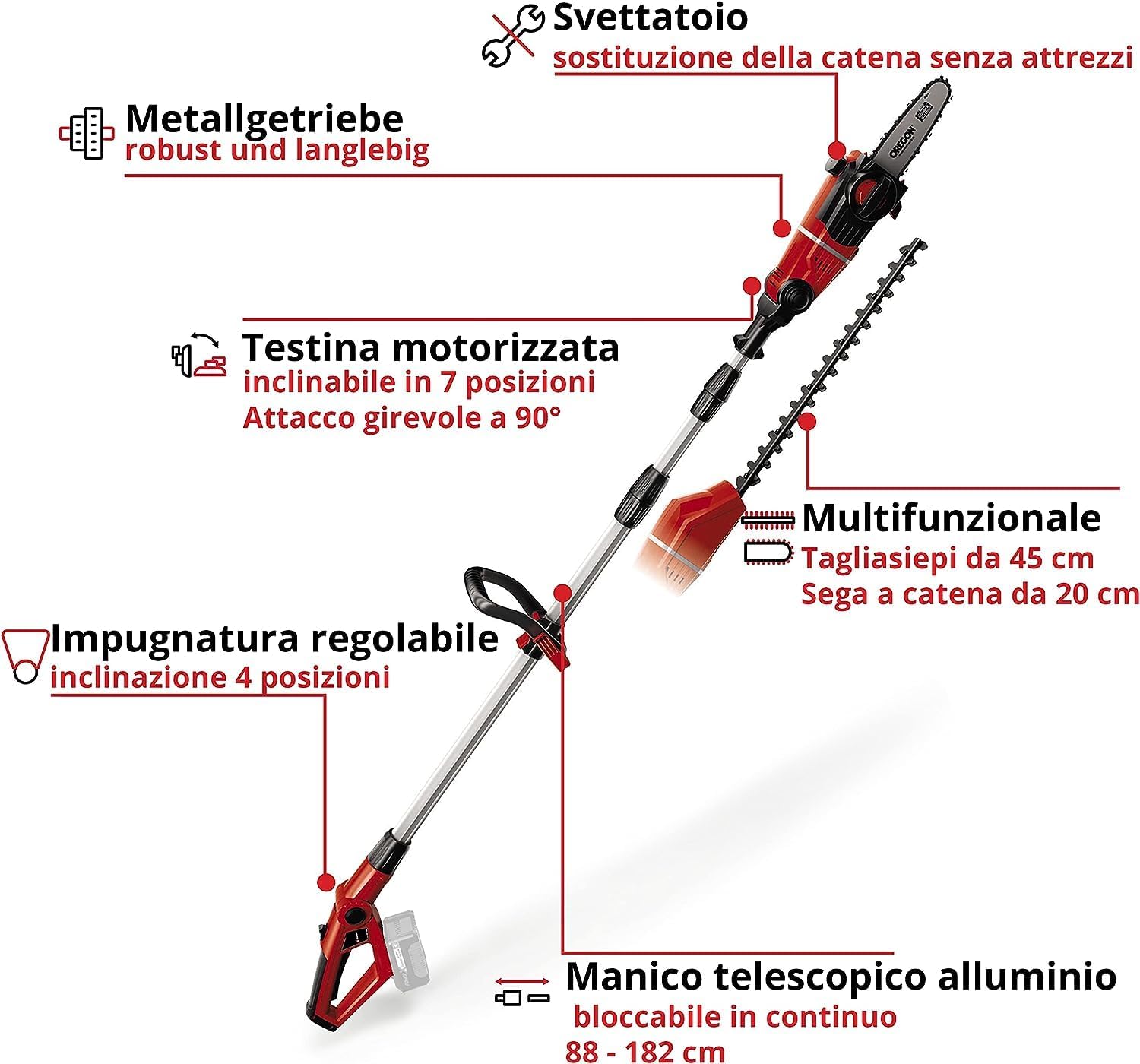 Detalle de Einhell Utensile multifunzione a batteria GE-HC 18 Li T-Solo: 2 in 1 tagliasiepi e sega a catena (18 V) senza batteria né caricabatterie