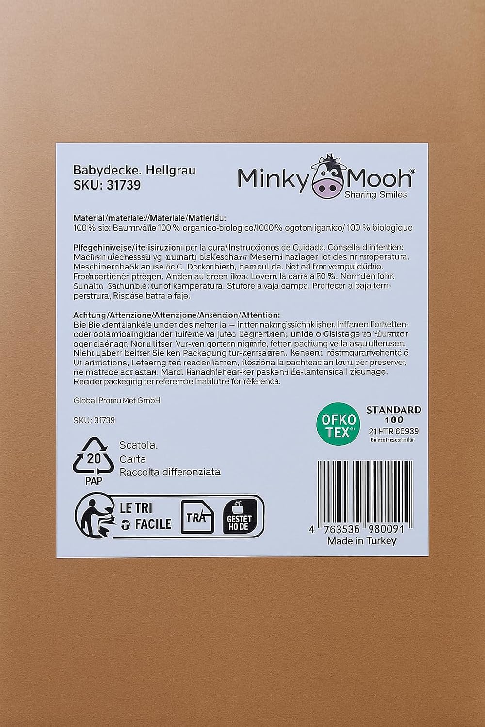 Thumbnail 1 de Minky Mooh® Babydecke aus 100% Bio-Baumwolle, 94x72 cm, grau – Kuscheldecke für Neugeborene