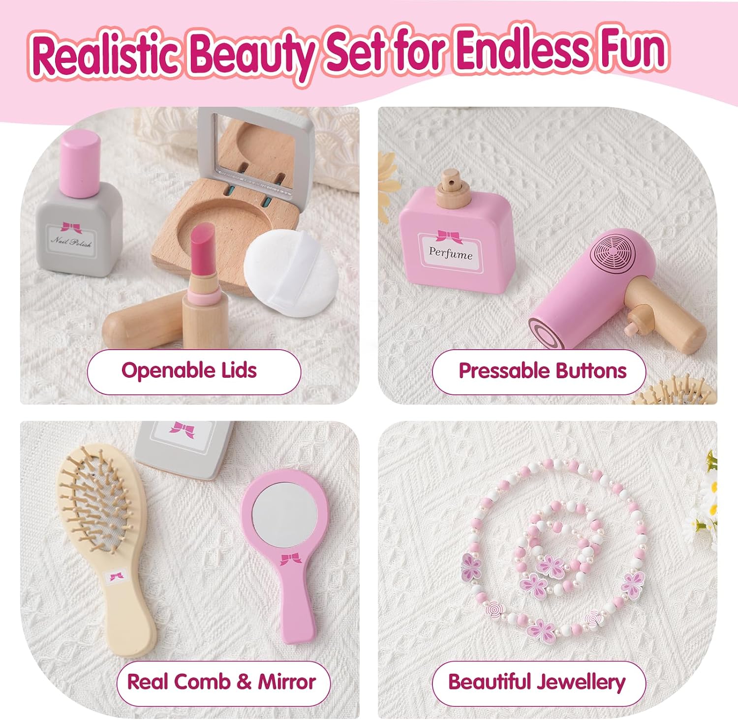 Detalle de Smartwo Wooden Pretend Makeup, Hairdressing and Jewellery Set (19-piece) for Toddler Girls, Ages 3–6
