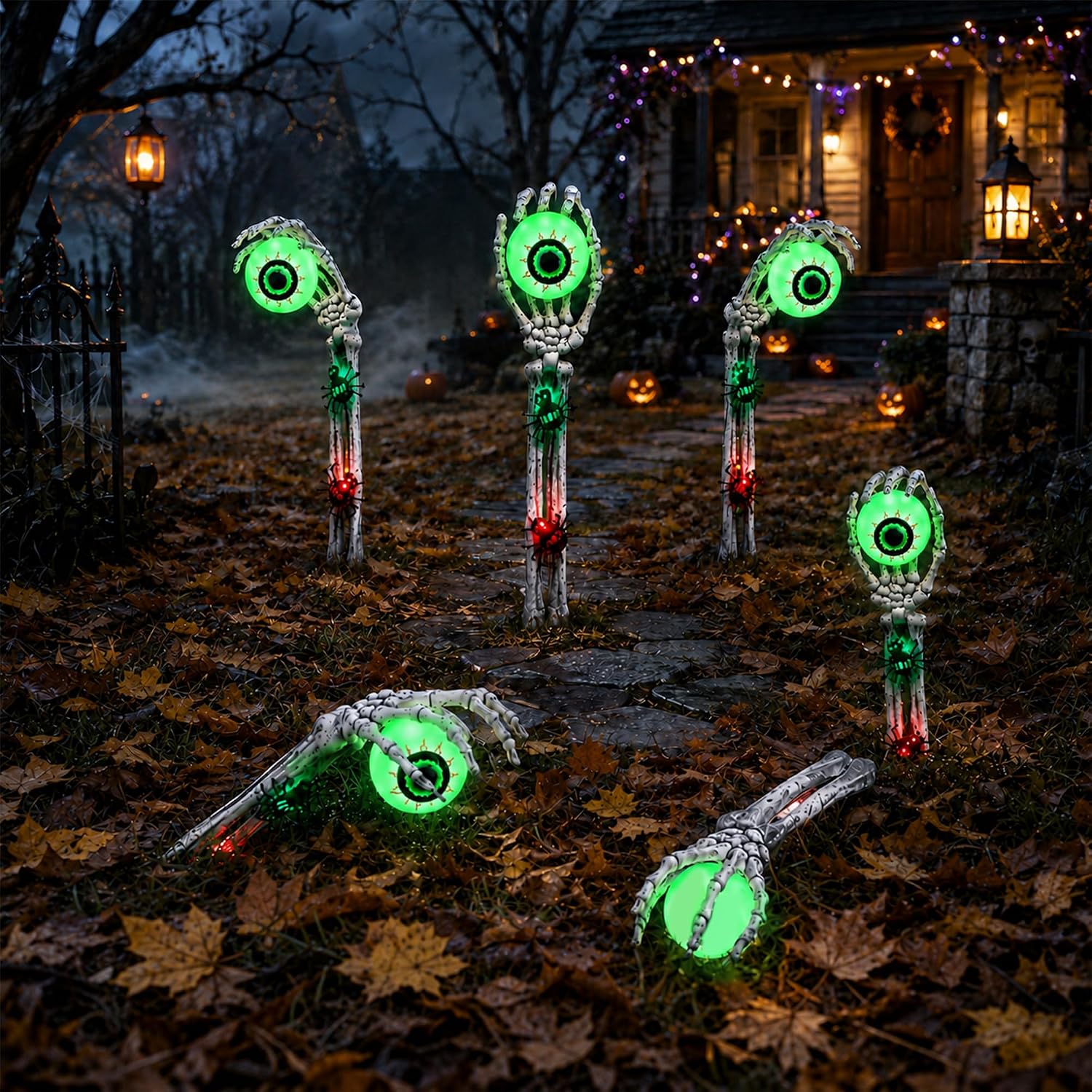 Detalle de Mantunt Halloween Skeleton Hands Outdoor Decor with Green Eyeball Lights
