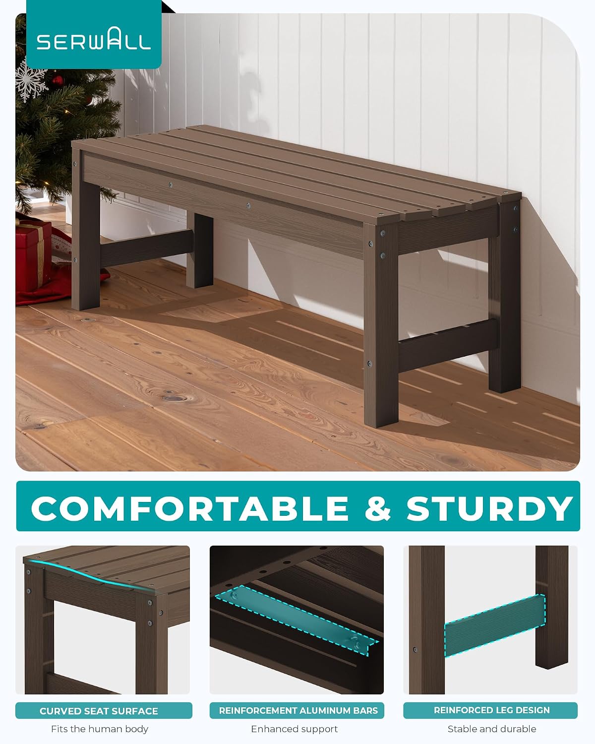 Detalle 2 de SERWALL P041-178 47-Inch Backless Outdoor Bench, Coffee HDPE, 2-Pack