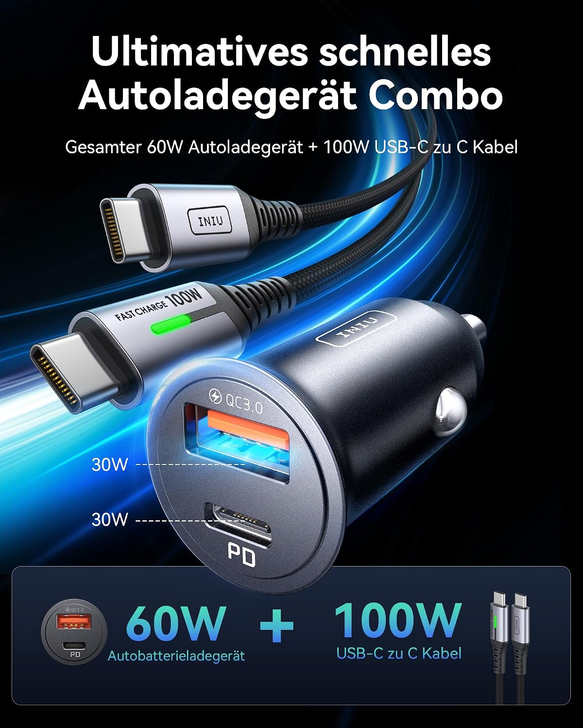 Detalle 2 de INIU 60W Zigarettenanzünder USB C PD Auto Ladegerät
