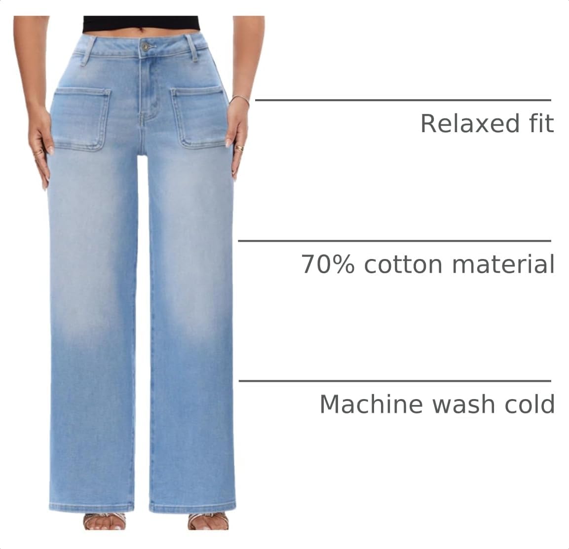 Detalle 2 de ONESO Wide-Leg Jeans for Women, Mid-Low Rise Stretch Denim with Front Patch Pockets