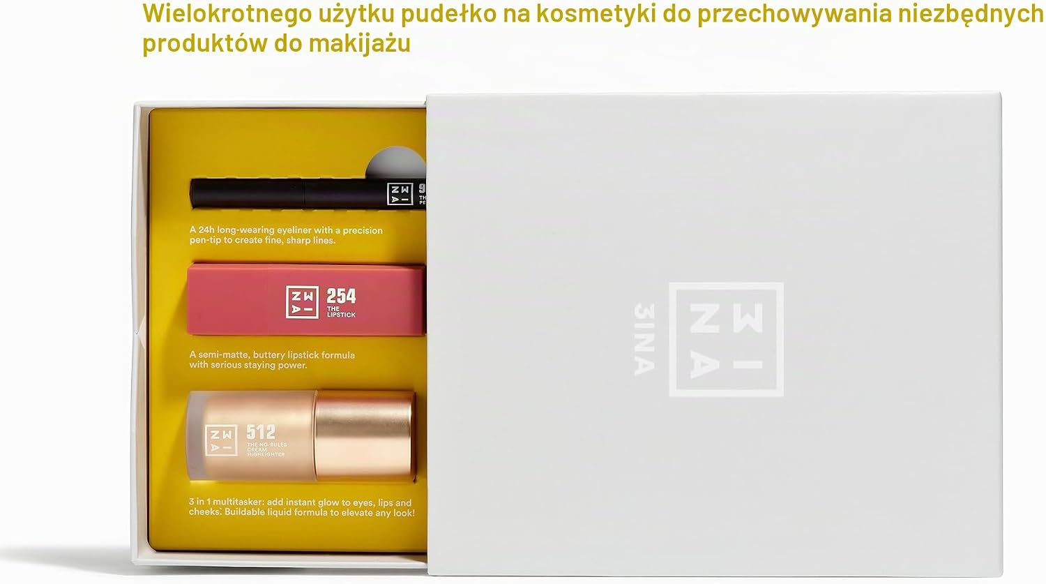 Detalle de 3INA The Shine O'Clock Kit – zestaw do makijażu z eyelinerem, pomadką i rozświetlaczem