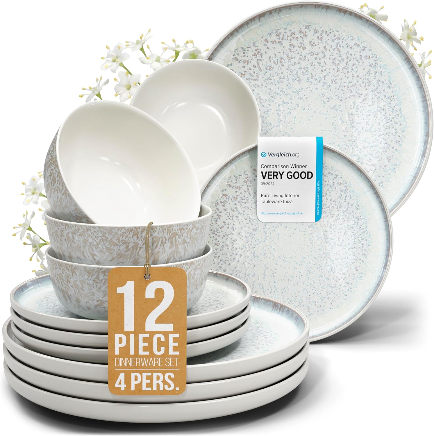 Detalle de 12 Piece Stoneware Dinnerware Set for 4 - Handmade Reactive Glaze in Light Beige