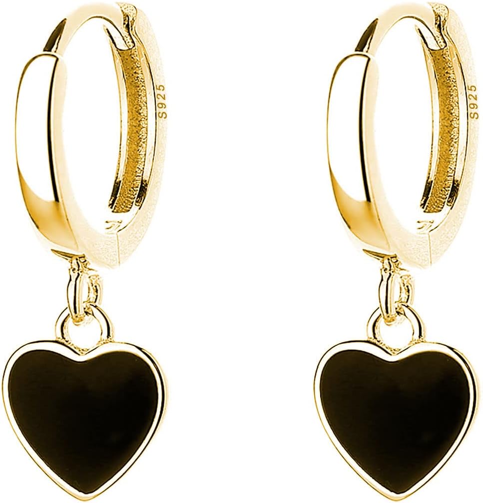 Detalle de SLUYNZ Sterling Silver Black Heart Hoop Earrings – 925 Silver, Hypoallergenic, Gift-Ready