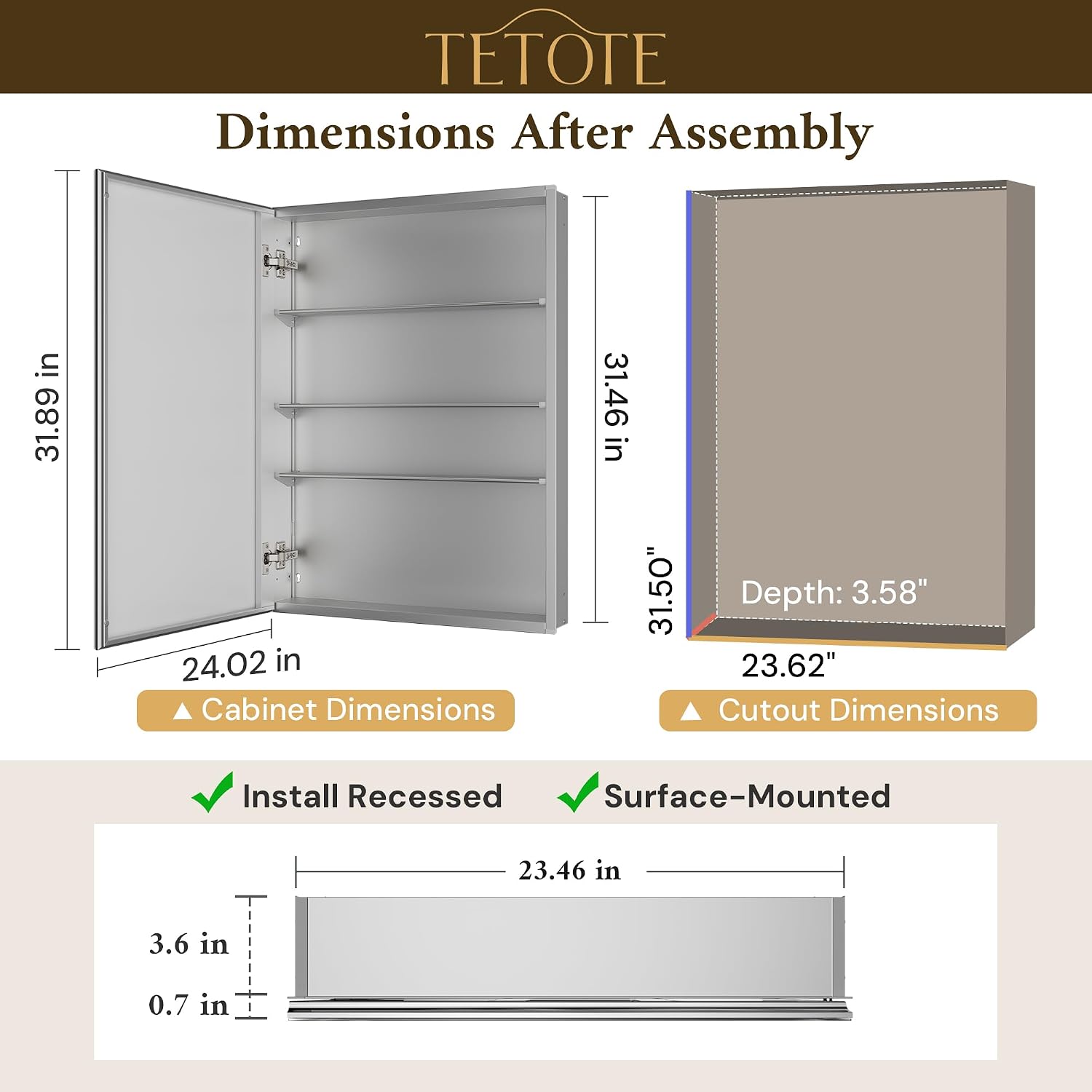 Thumbnail 1 de TETOTE 24 x 32 Bathroom Mirror Cabinet with Tempered Beveled Mirror and Aluminum Build