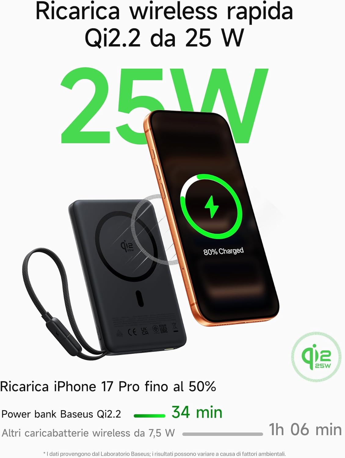 Detalle de Baseus PicoGo AM52 Power Bank: Power Bank magnetico Qi2.2 da 10000 mAh con ricarica wireless 25 W e USB-C integrato