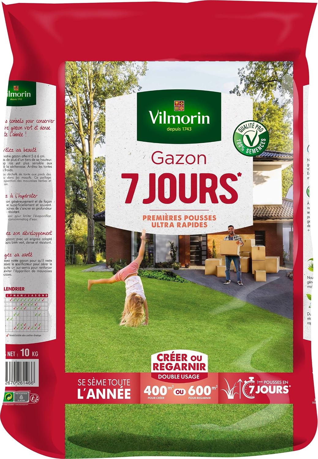 Detalle de Vilmorin 4460714 Gazon 7 Jours, Vert, 1 kg — pour créer ou regarnir votre gazon