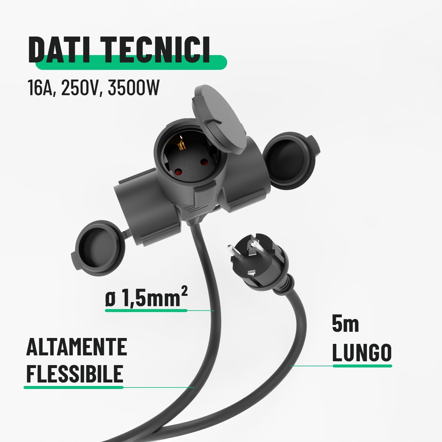 Detalle de Prolunga elettrica IP44 da 5 m con 3 prese – Greate, 3500W, 16A, cavo robusto in gomma