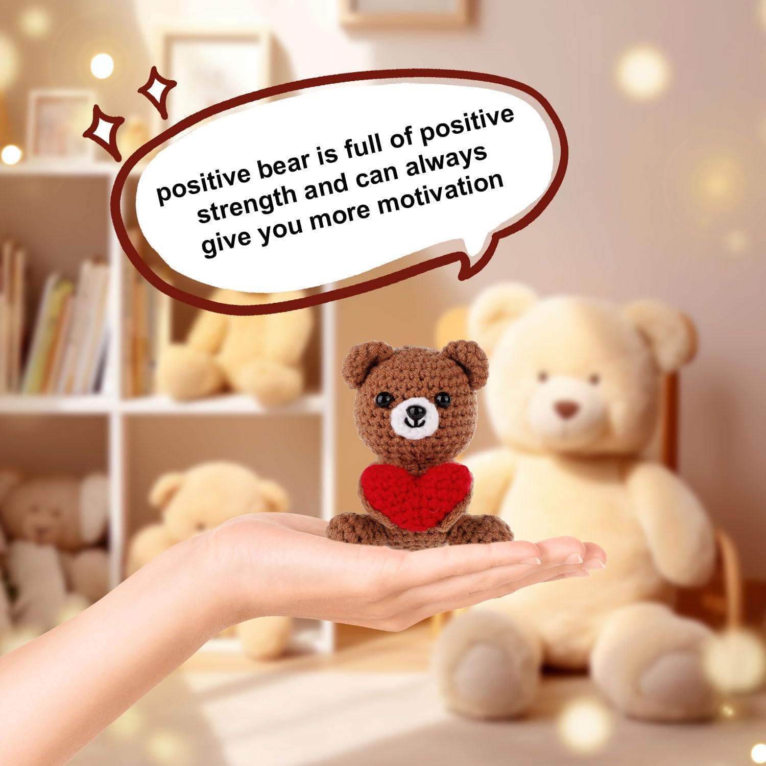 Detalle de ALUNME Positive Bear with Love Heart: Handmade crochet plush with a comforting hug
