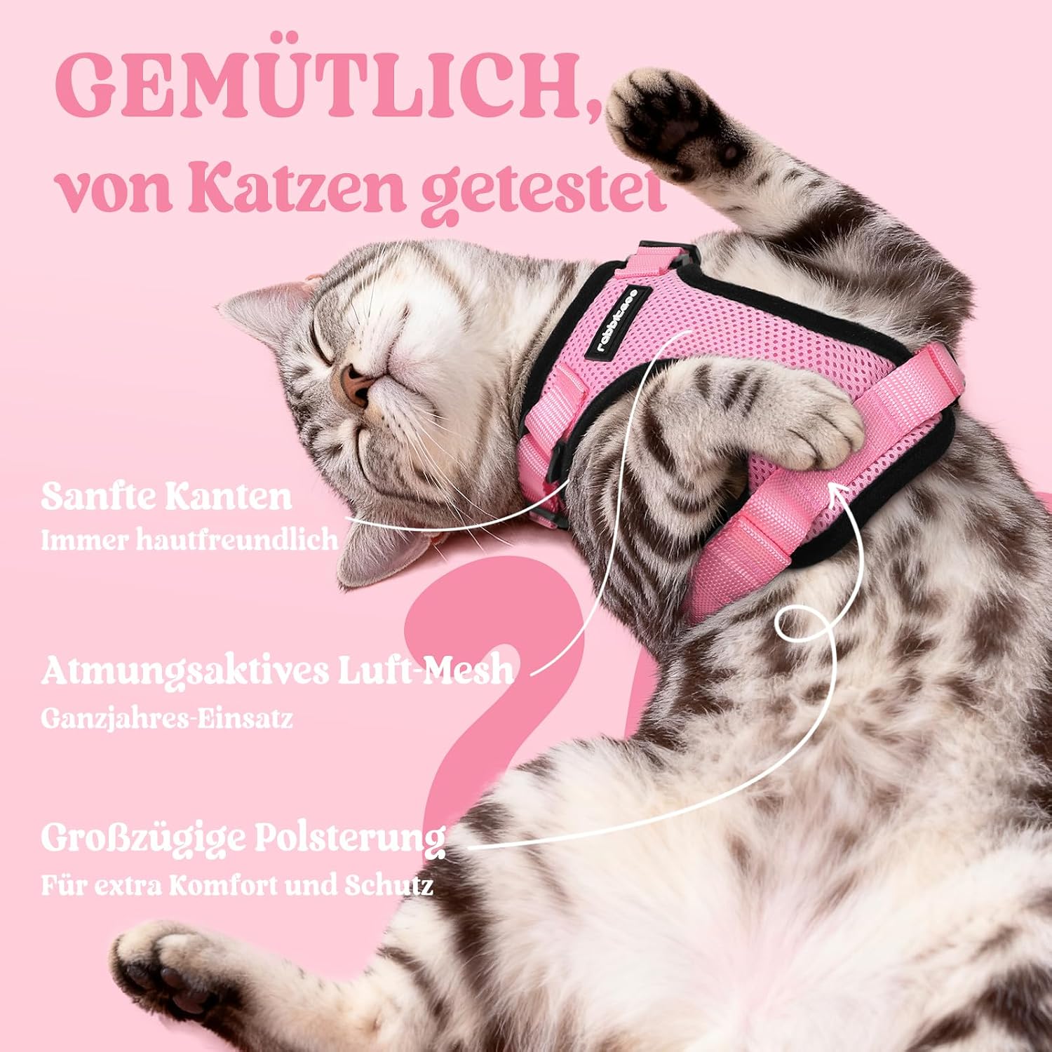 Thumbnail 3 de rabbitgoo Katzengeschirr mit Leine Softgeschirr (Brustgeschirr) ausbruchsicher, verstellbar – Rosa, Größe XS