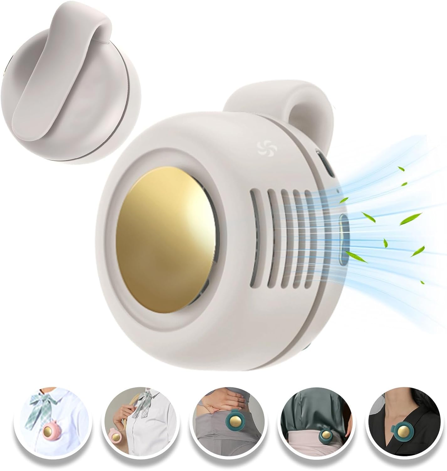 Detalle 2 de Ahuccf Portable Clip-On Fan (White) – 360° Rotatable, 3-Speed USB Rechargeable Bladeless Personal Fan