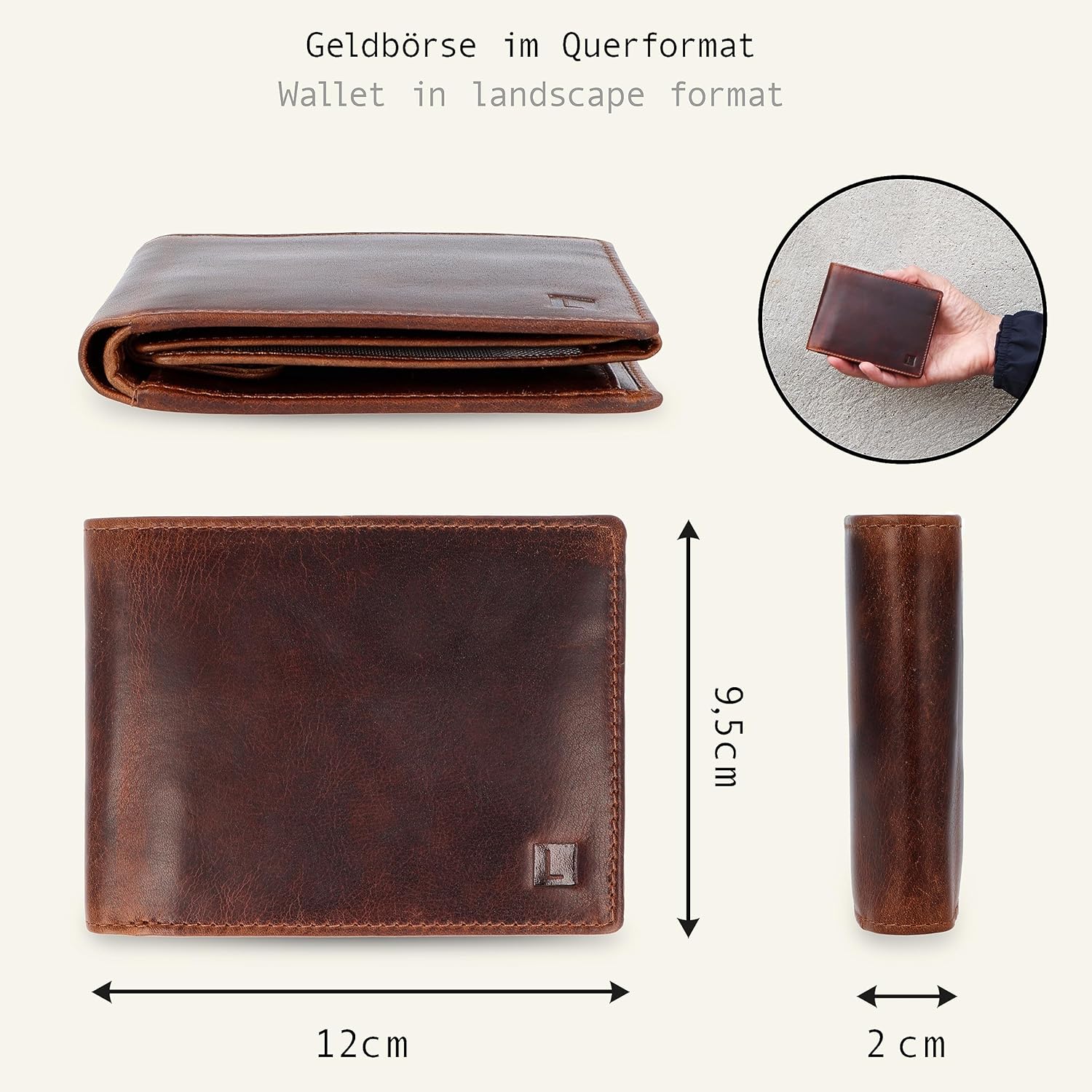 Detalle 2 de LEDEROW Geldbörse Herren Bull Braun – RFID-Schutz, Querformat, Münzfach, Geschenkbox