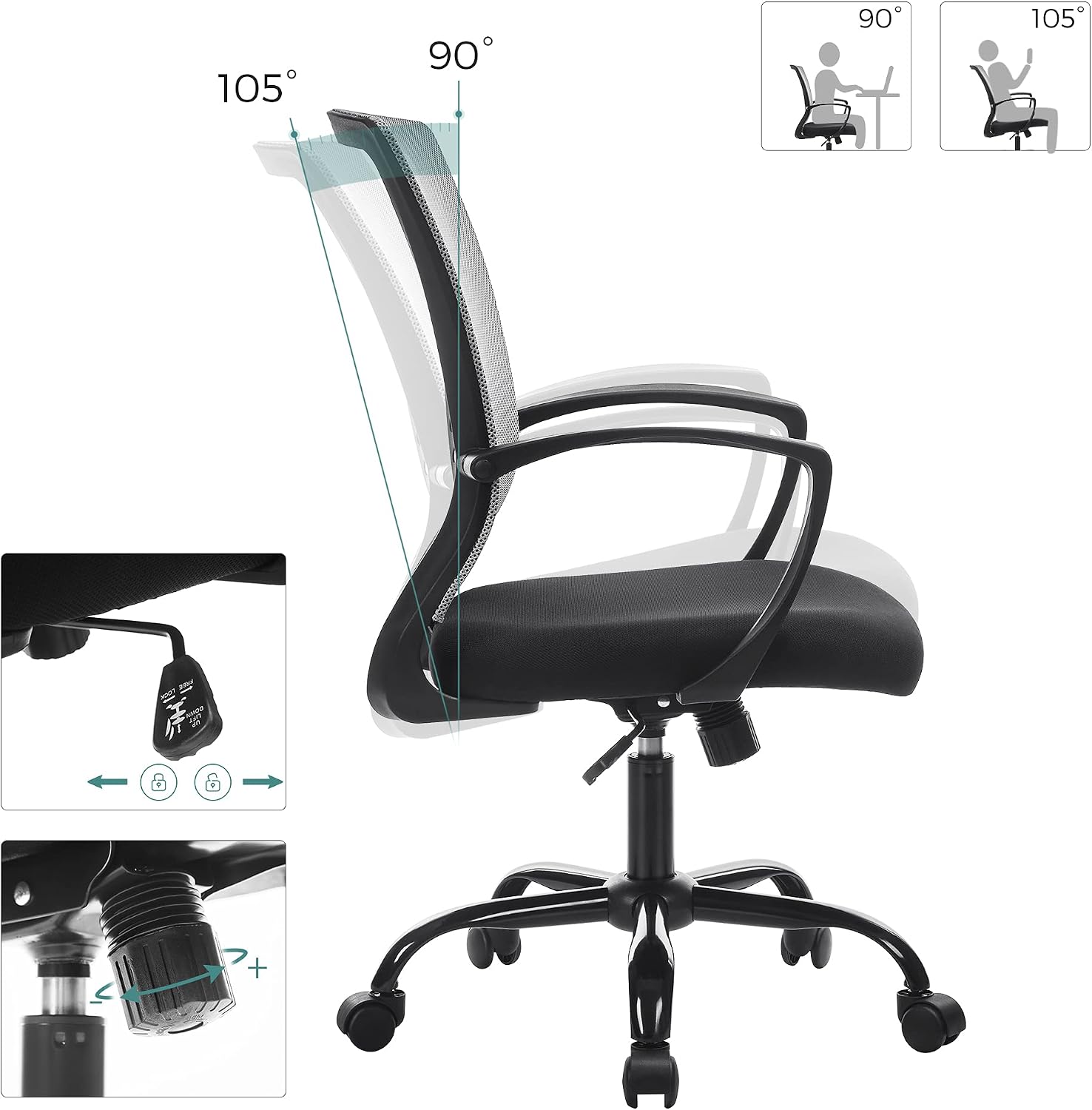 Detalle de SONGMICS Sedia da Ufficio con Schienale in rete, Grigio OB N022G01 — comfort regolabile e design traspirante