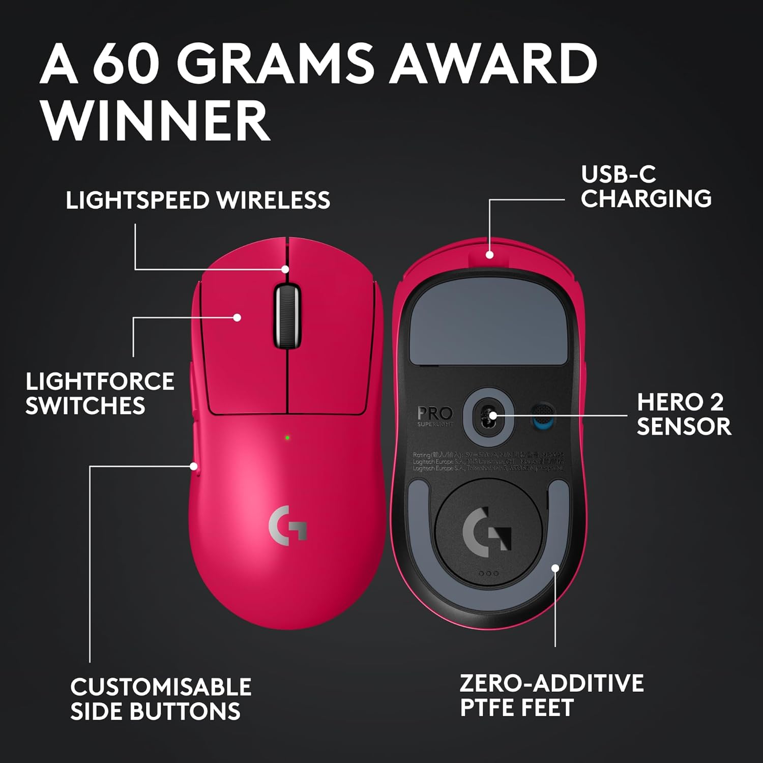 Thumbnail 5 de Logitech G PRO X Superlight 2 Wireless Mouse – 60 g, 8 kHz, 44k DPI, Pink