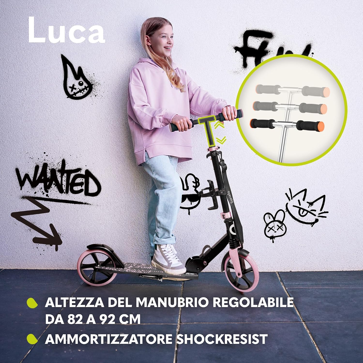 Detalle de LIONELO LUCA monopattino pieghevole per bambini e adulti, regolabile e leggero (4,1 kg) con sospensione e freno