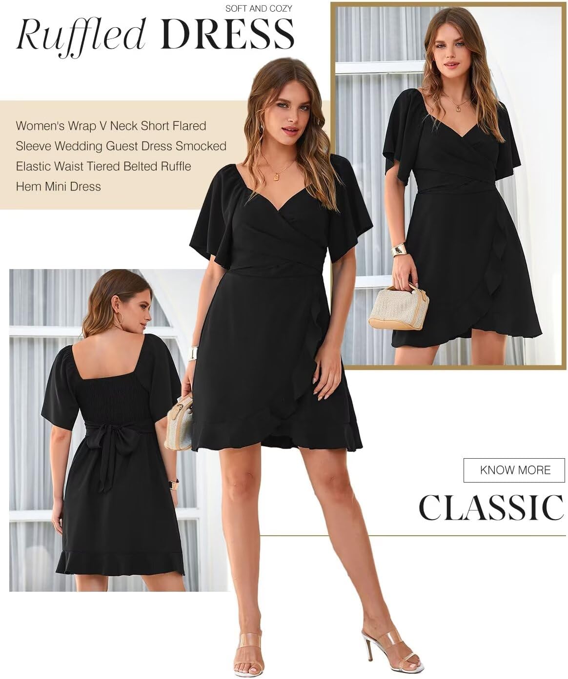 Thumbnail 4 de Dokotoo Women's Wrap V Neck Short Flared Sleeve Dress – Smocked Waist, Tiered Mini with Belt