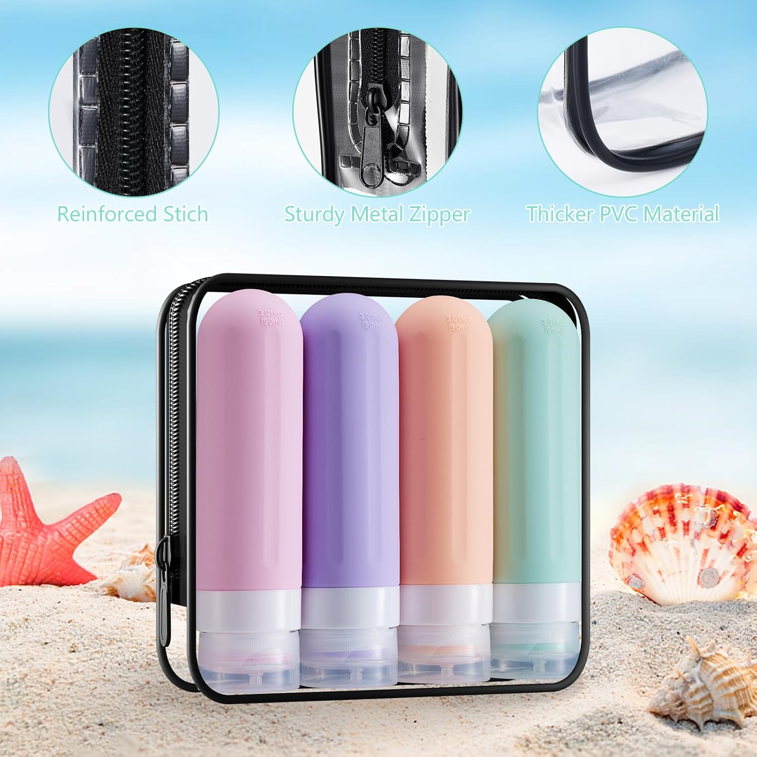 Detalle de XMOSNZ 3oz Silicone Travel Bottles 4-Pack: Refillable, BPA-Free and TSA-Approved