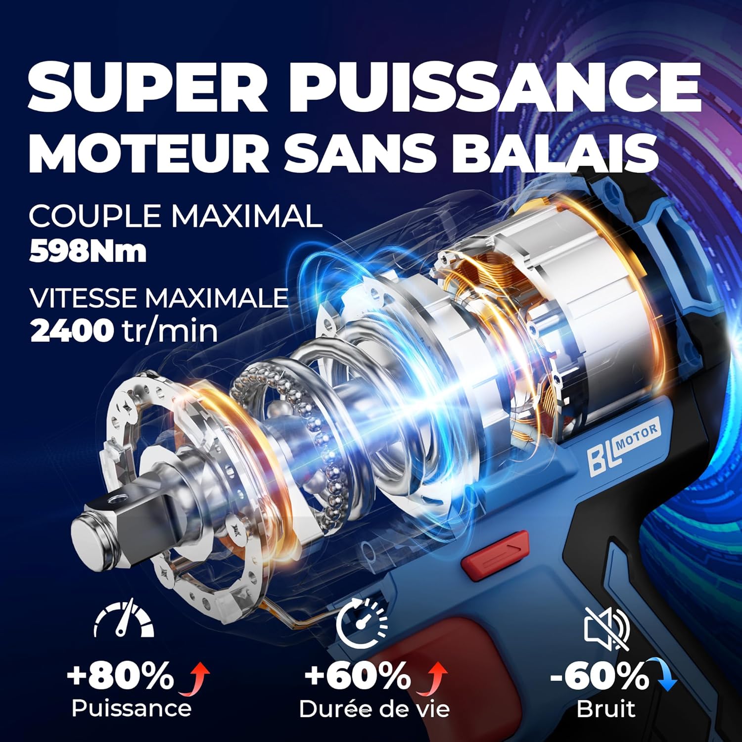 Thumbnail 1 de Clé à chocs sans fil Dong Cheng 18V sans balais – 598 Nm, 4 vitesses, kit complet