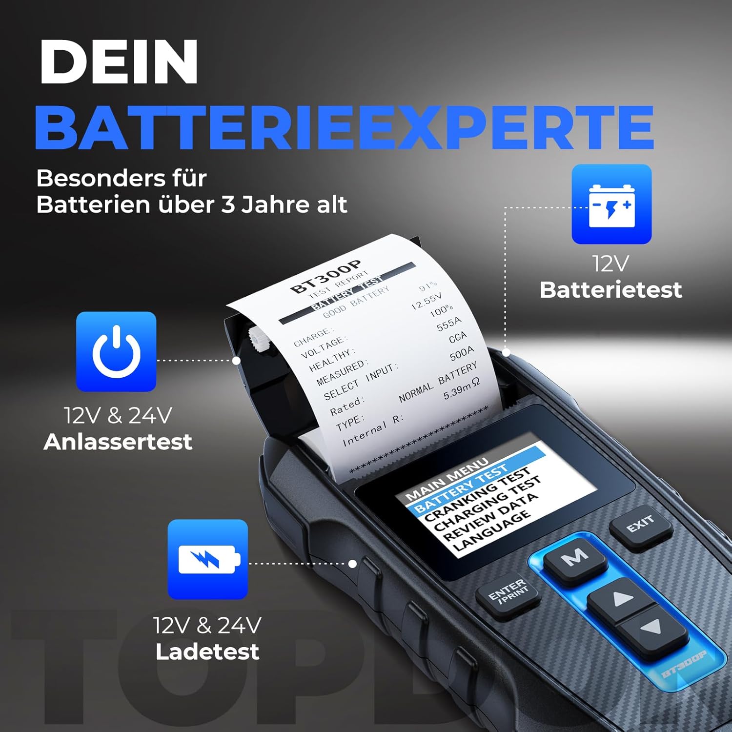 Detalle 2 de TOPDON BT300P Batterietester für 12V/24V mit integrierter Drucker-Funktion (100–2000 CCA)
