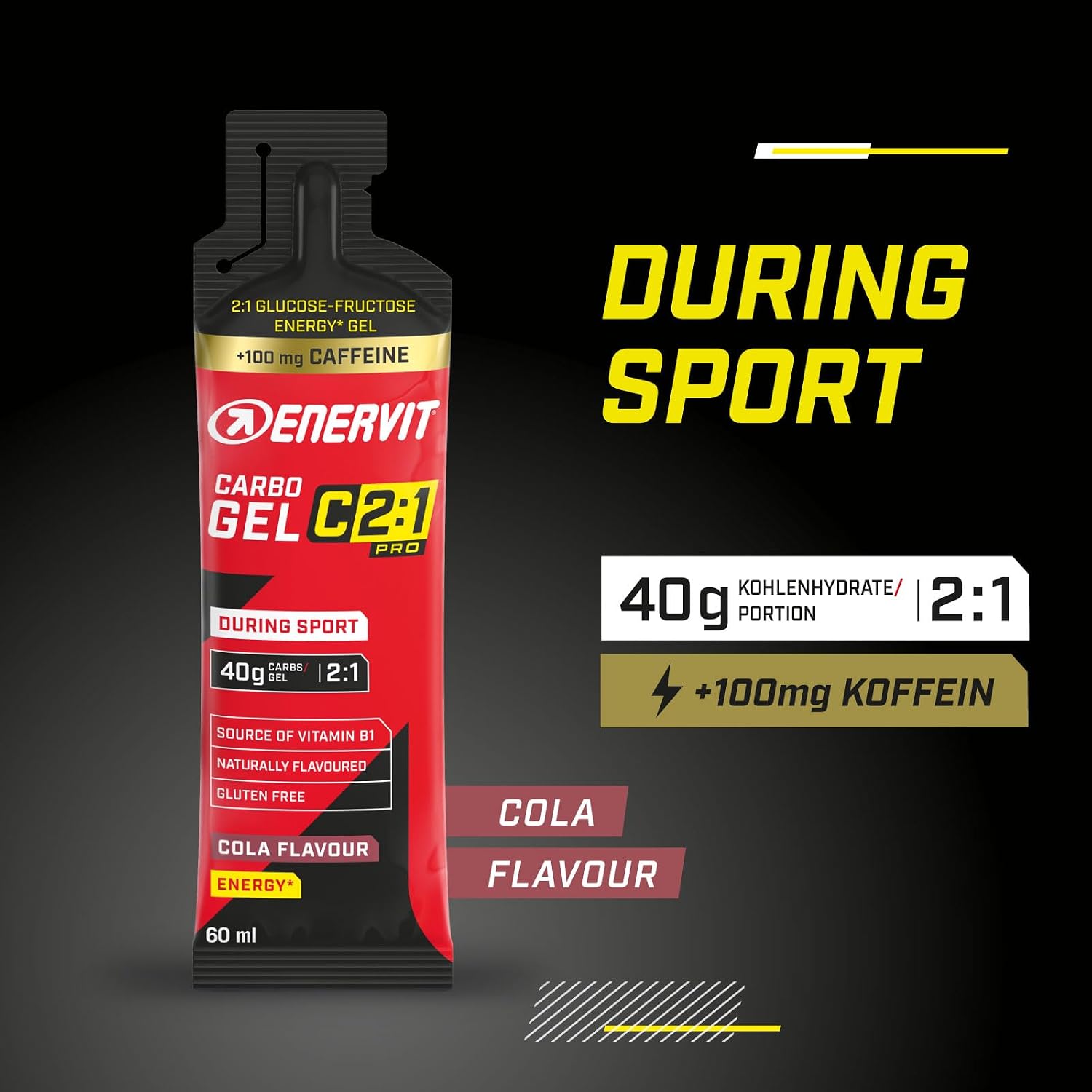 Detalle de Enervit Carbo Gel C2:1PRO mit Koffein – Cola-Energie-Gel mit 40 g Kohlenhydraten pro Gel, vegan, glutenfrei, 7er Packung