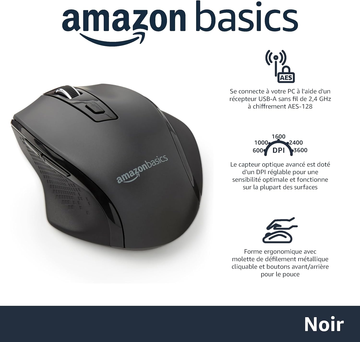 Thumbnail 1 de Amazon Basics Souris sans fil ergonomique noire à DPI réglables (600 à 3600) avec capteur laser