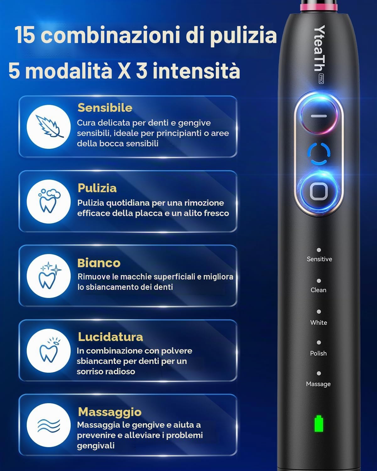 Detalle de Spazzolino elettrico rotante con 8 testine, 5 modalità e supporto a parete – kit adulto e bambino