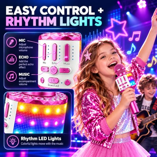 Detalle 2 de MicQutr Karaoke-Mikrofon für Kinder mit Bluetooth, LED-Licht und 5 Stimmeffekten