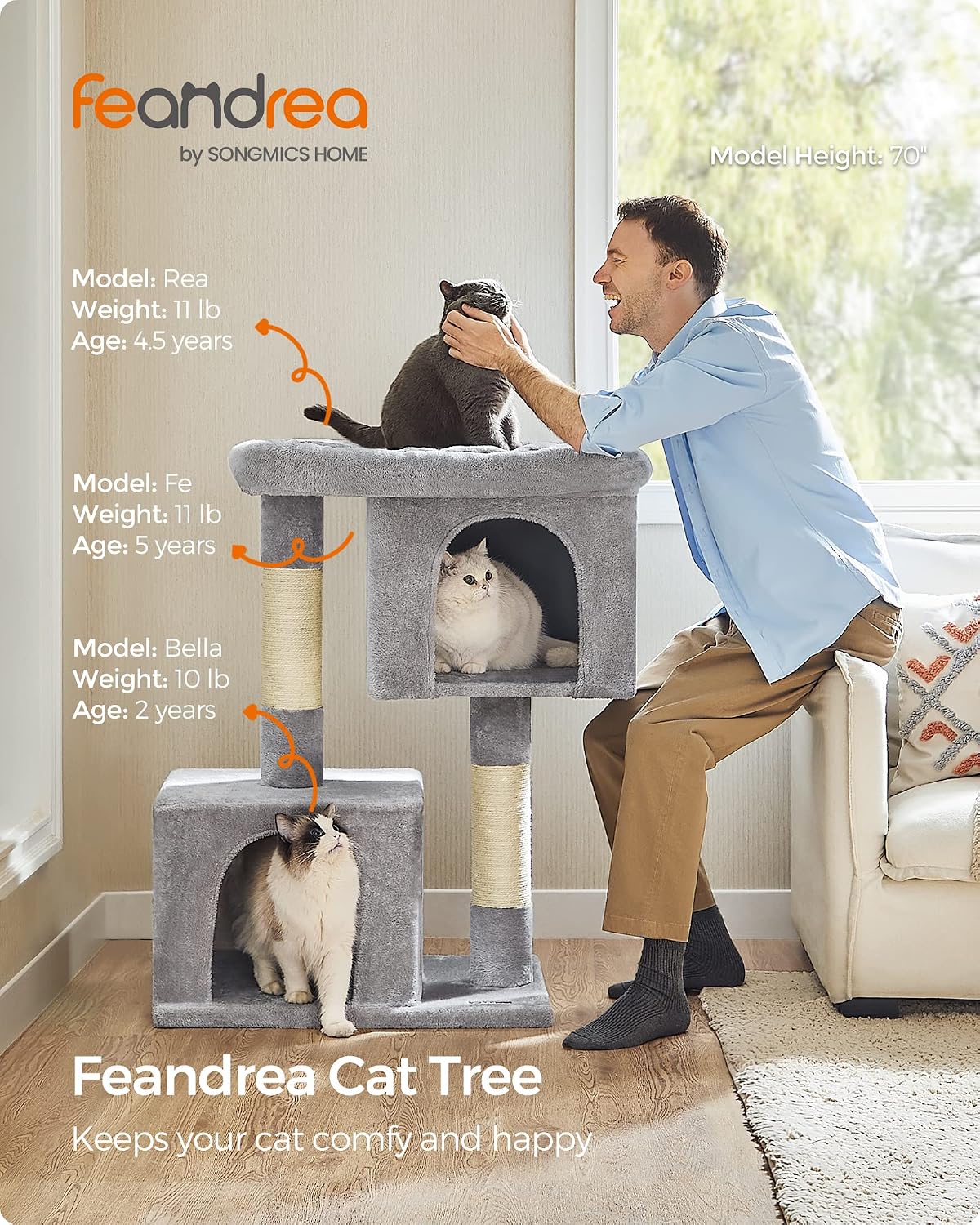 Detalle 2 de Feandrea UPCT614W01 Cat Tree, 40.6-Inch Tower with Sisal Posts and Two Caves