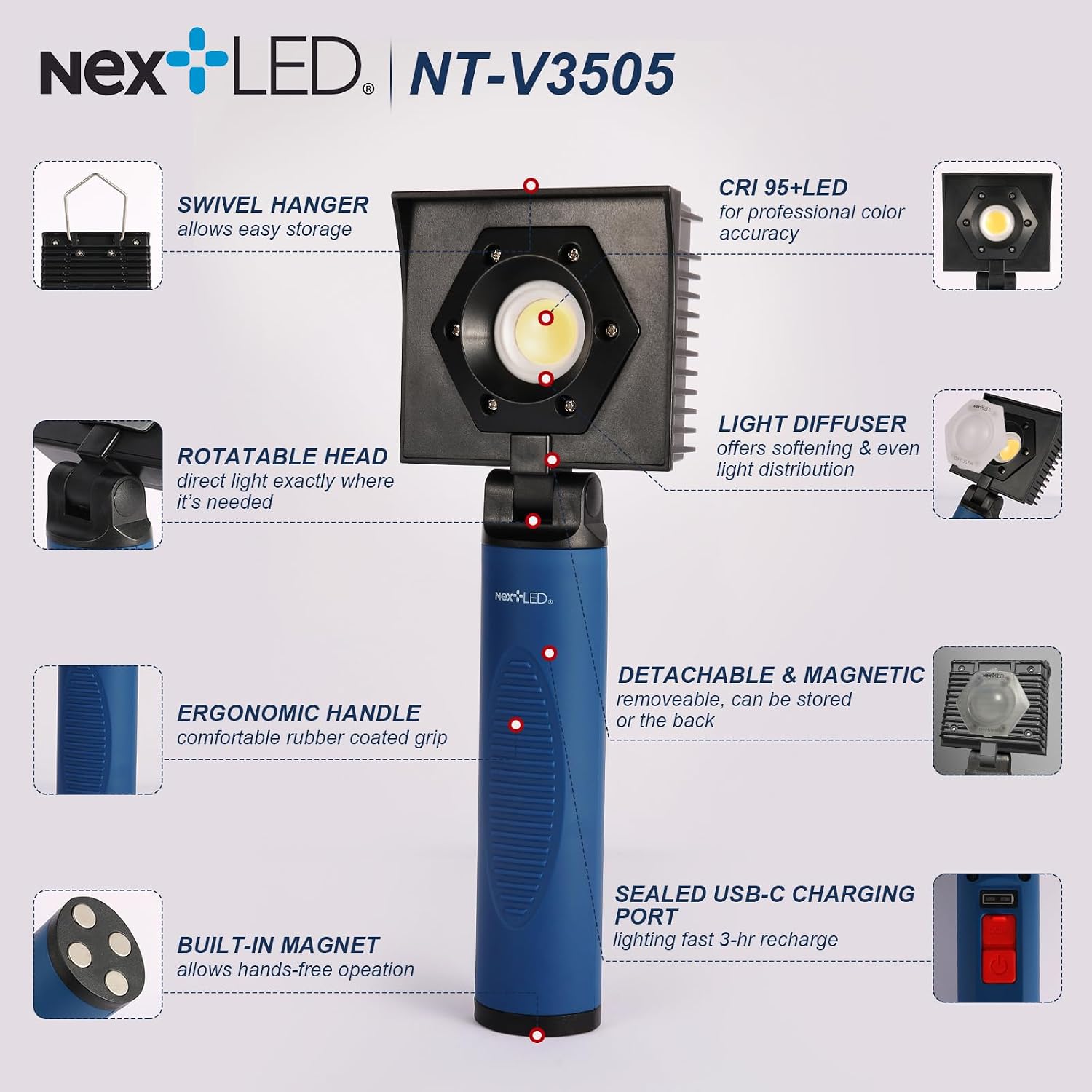 Detalle de NextLED NT-V3505 カラーマッチ検査用LED作業灯 CRI 95+・4000K・着脱式ディフューザー付き