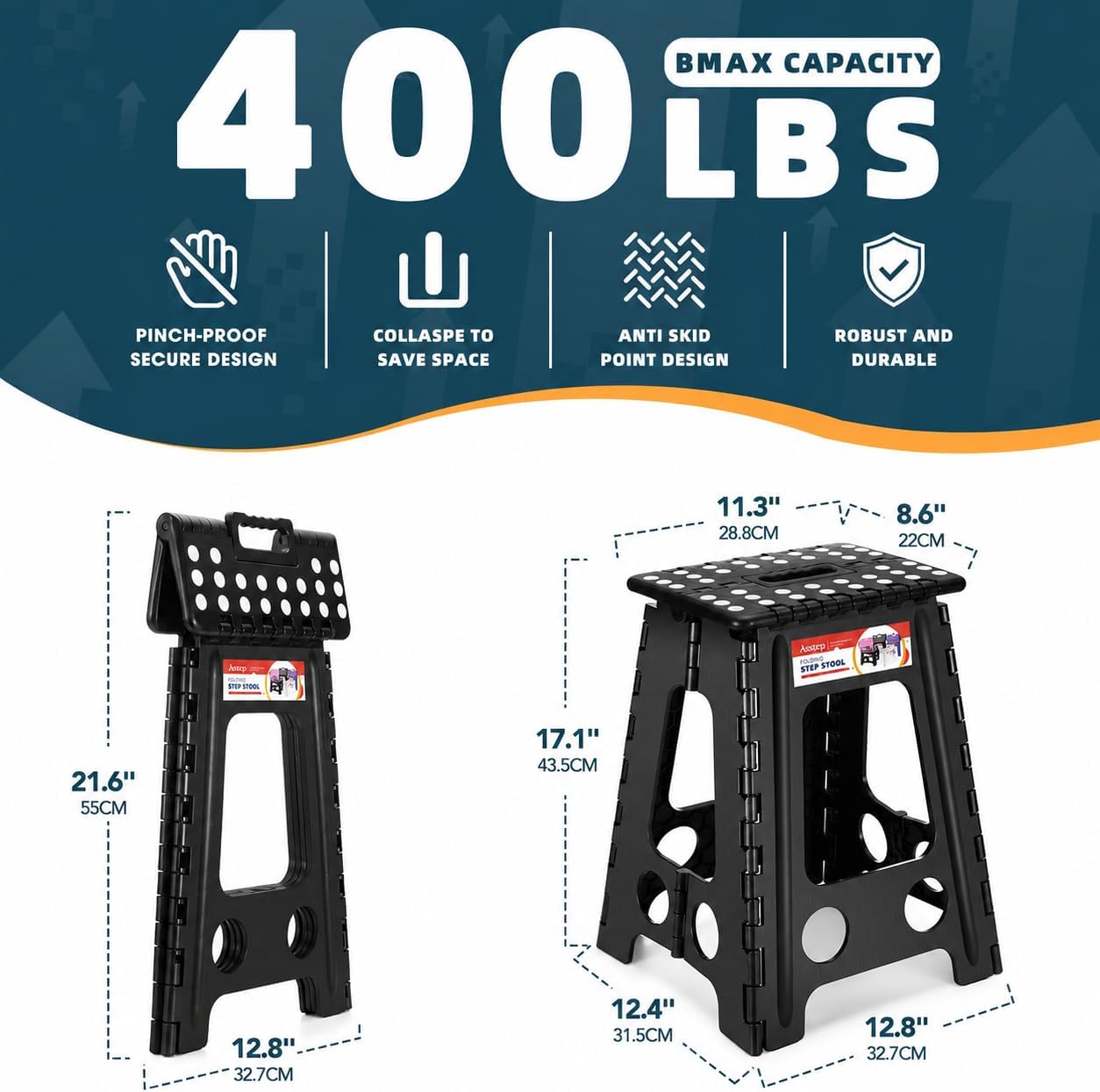 Detalle 2 de ACSTEP A5031 Folding Step Stool for Adults, 400-lb Capacity, Black