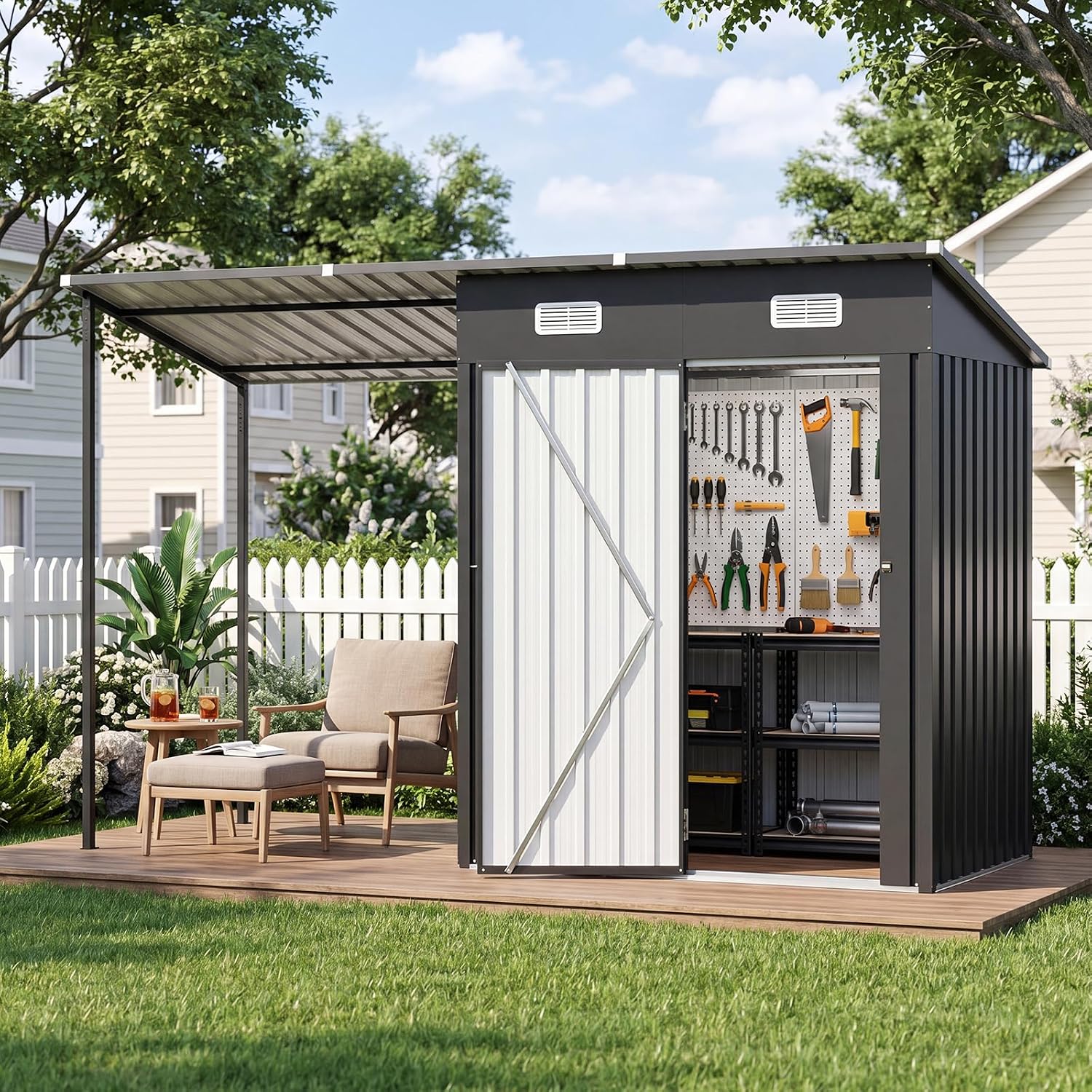 Detalle de Aoxun Galvanized Steel Storage Shed and Canopy Combo