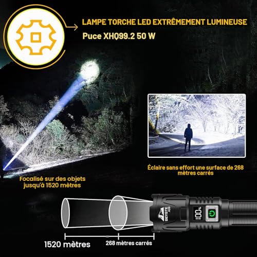 Detalle 2 de BEYSTE Lampe Torche LED Ultra Puissante A09 : 1 000 000 LM, 50W, portée jusqu’à 1 520 m