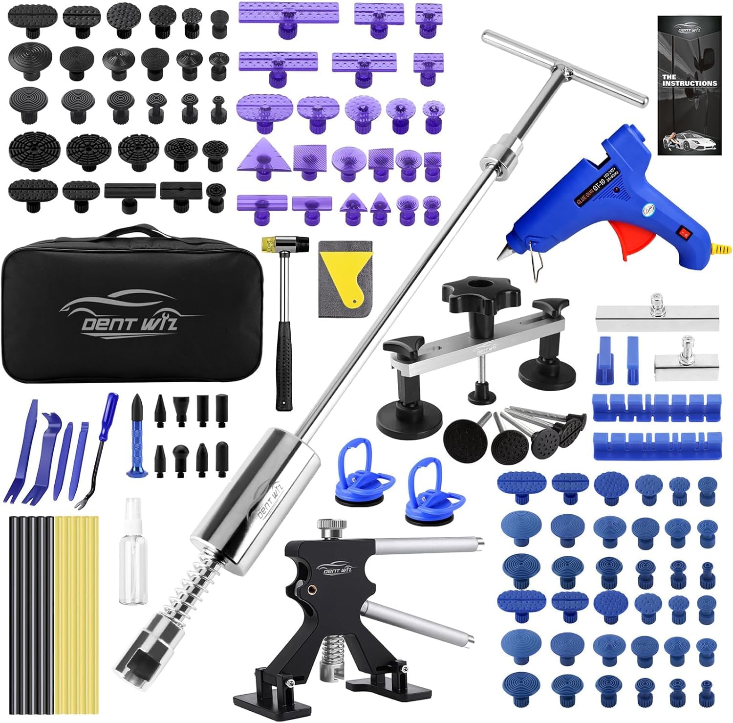 Detalle de DentWiz Kit de réparation de Bosses pour Voiture – Trousse PDR complète (marteau, extracteurs, pistolet à colle chaude et ventouses)