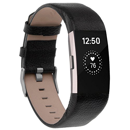 Detalle de Longzhuo Ersatz-Armband für Fitbit Charge 2 – echtes Leder, Schwarz