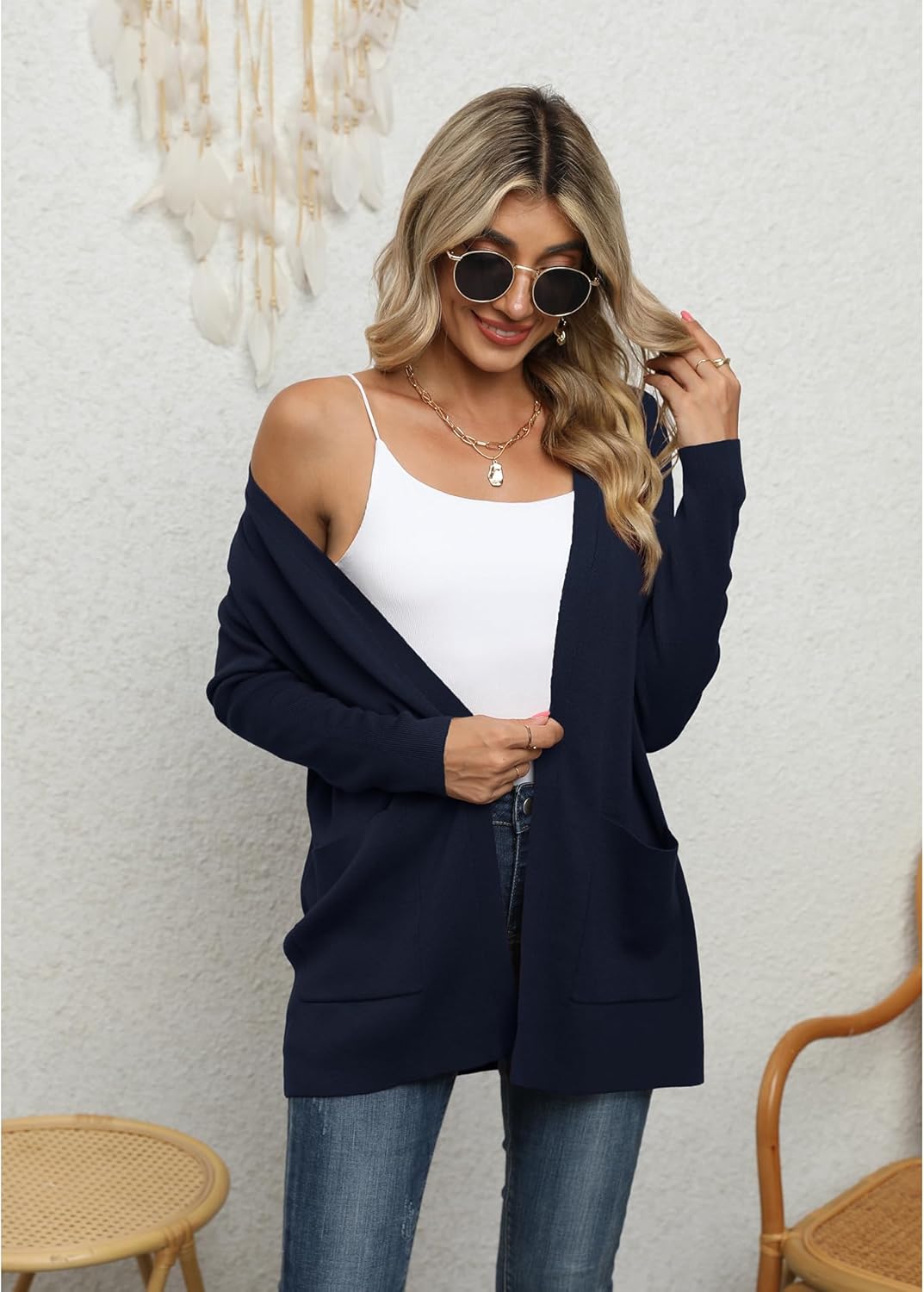 Detalle de Yommay Cardigan for Women – Loose Casual Open Front Knit with Pockets