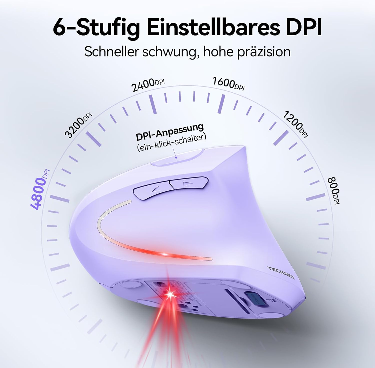 Detalle de TECKNET ergonomische vertikale Maus (kabellos, Bluetooth 5.0 + 3.0 + 2,4G, 4800 DPI, 6 Tasten)