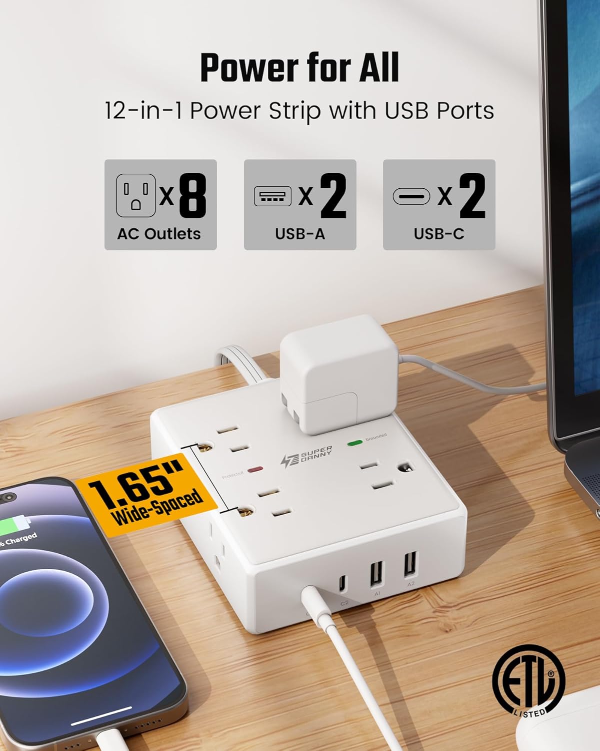Detalle de 10ft Power Strip Surge Protector with 8 Outlets & 4 USB ๐
