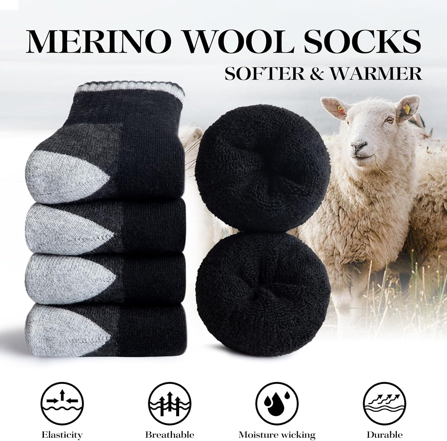 Detalle 2 de SIMIYA Merino Wool Hiking Socks, 5 Pairs, Thick Cushioned, Size 7-15