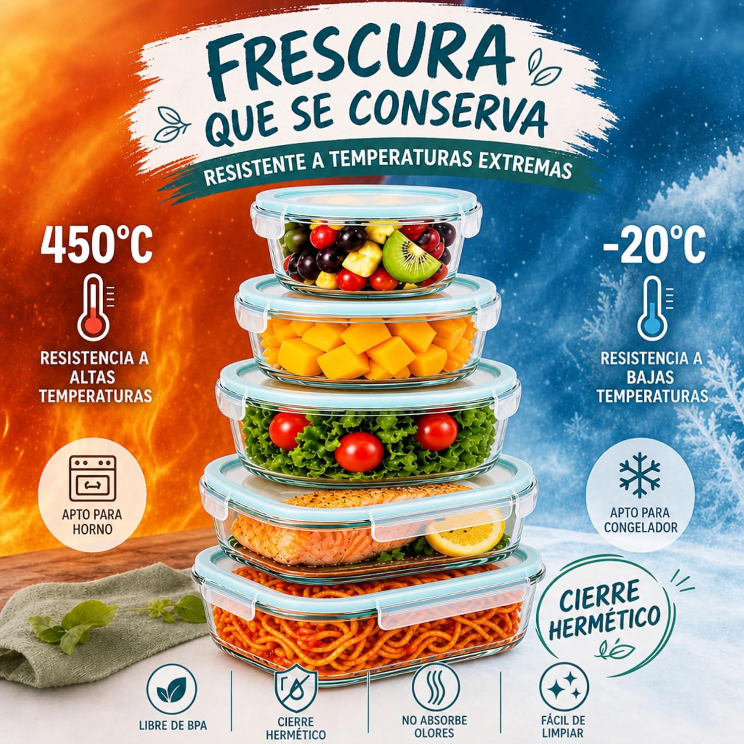 Detalle 2 de edihome Recipientes de Cristal para alimentos, 14 piezas: set hermético con tapas y borosilicato, apto lavavajillas, congelador y microondas
