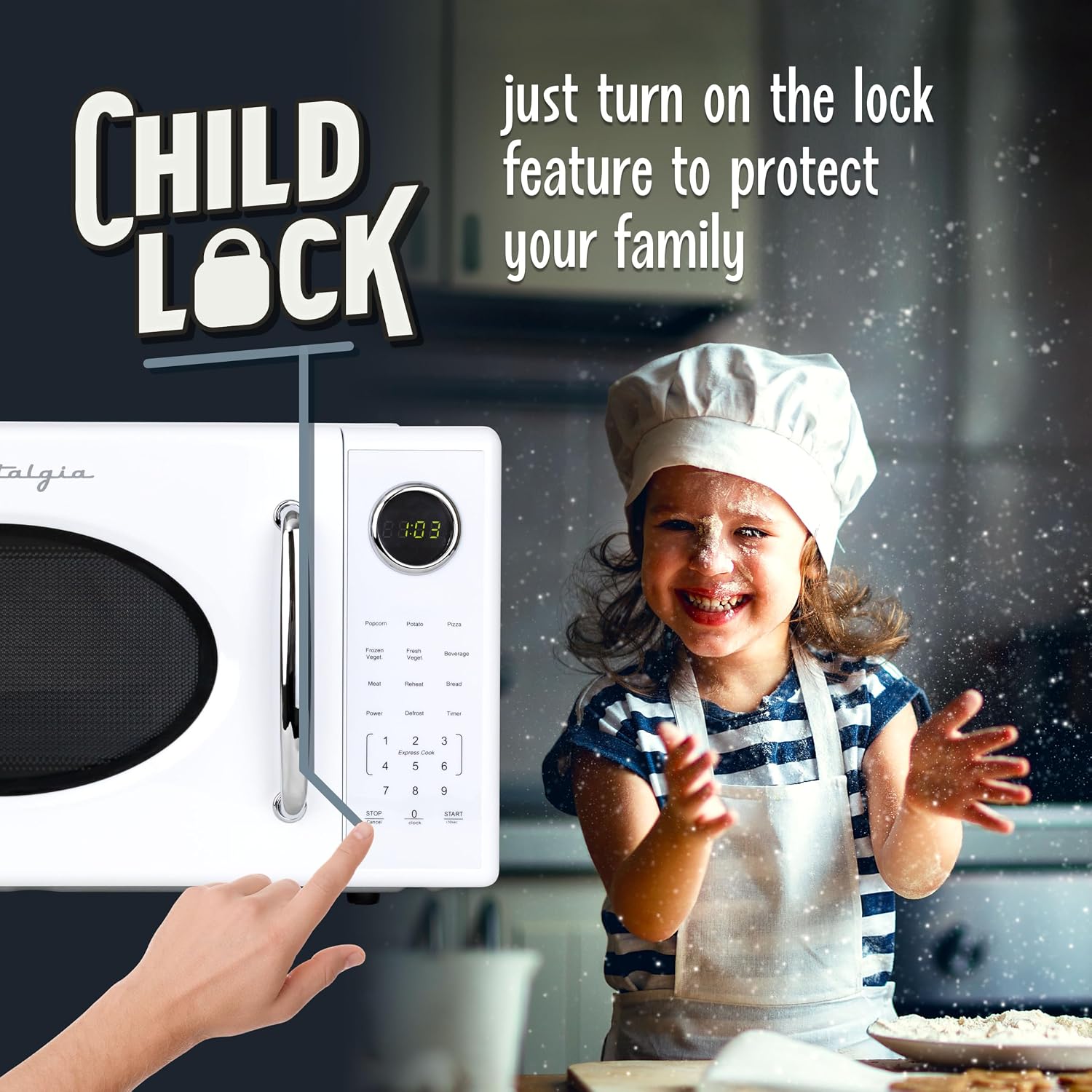 Thumbnail 3 de Nostalgia Retro Microwave Oven (0.7 Cu Ft, 700-Watt) with Glass Turntable, Child Safety Lock, 8 Auto-Cook Programs & Digital Clock (White)