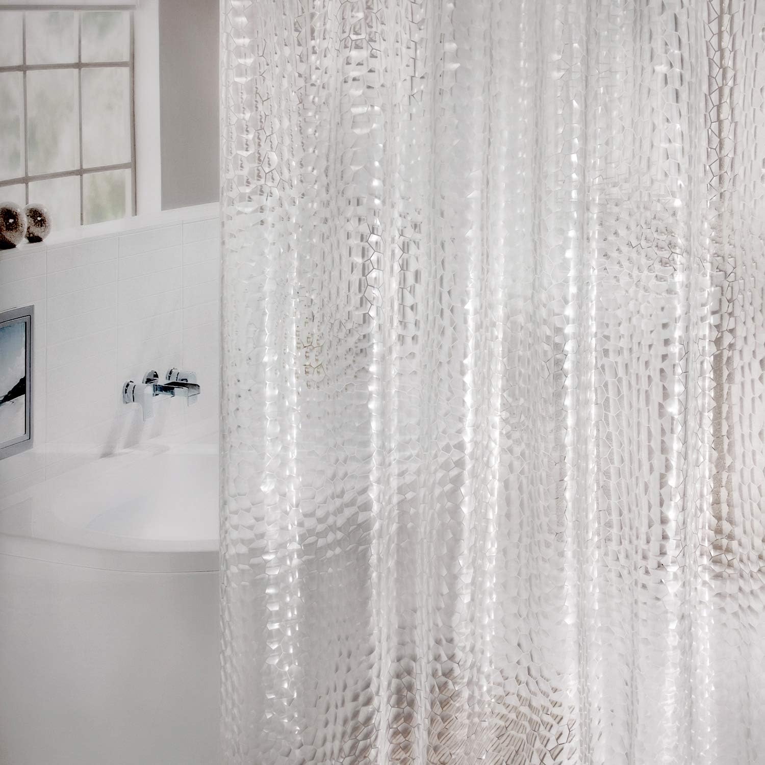 Thumbnail 1 de WELTRXE Duschvorhang Anti-Schimmel mit Magnet unten, Transparent 3D Kubisch EVA 150x180cm – 10 Duschvorhangringe