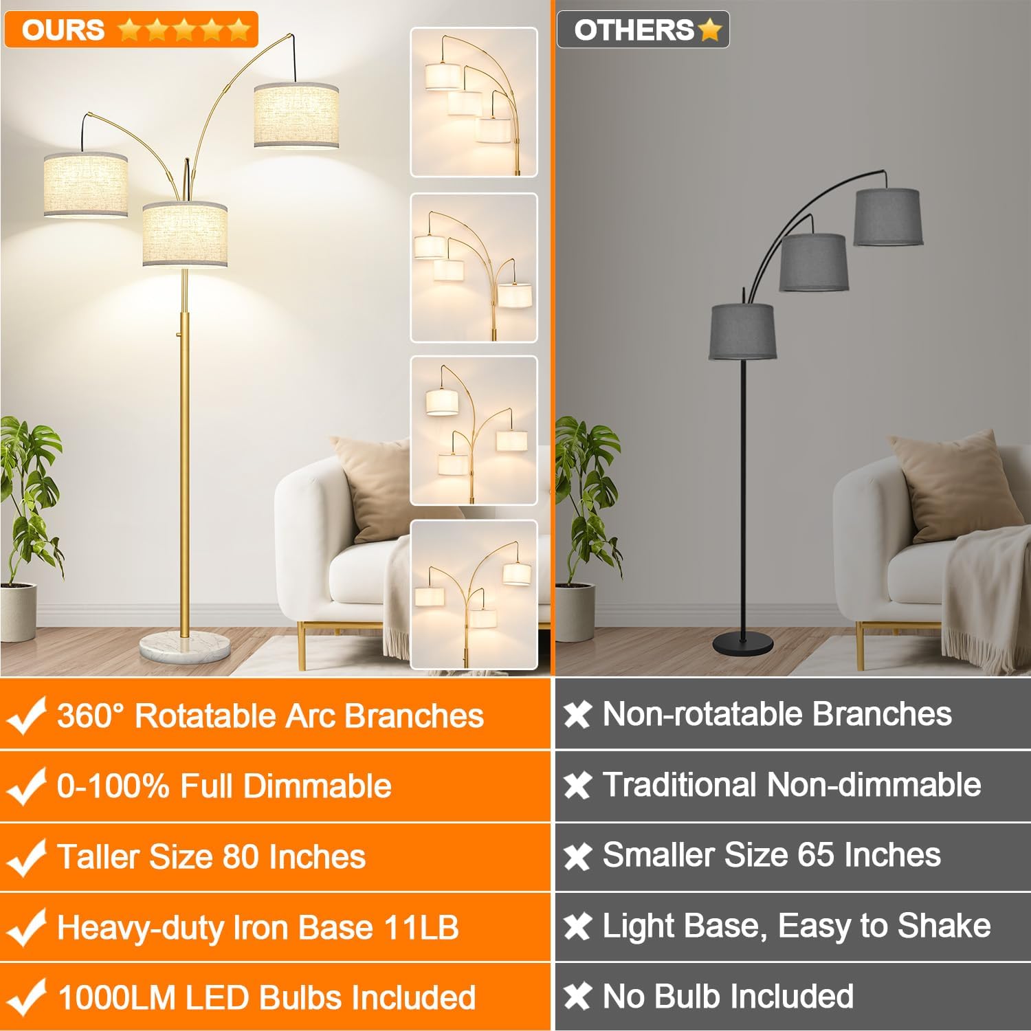 Detalle de Nintiue Dimmable Arc Floor Lamp, 3 Lights, Marble Base, Gold Finish