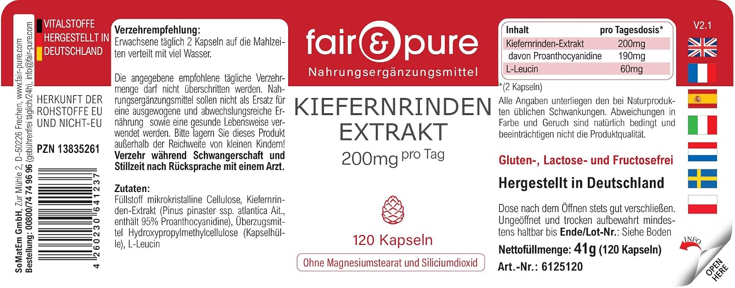 Thumbnail 6 de Fair & Pure Kiefernrinden Extrakt 200 mg, 120 Kapseln – veganes Nahrungsergänzungsmittel mit 95% Proanthocyanidine, in Deutschland hergestellt