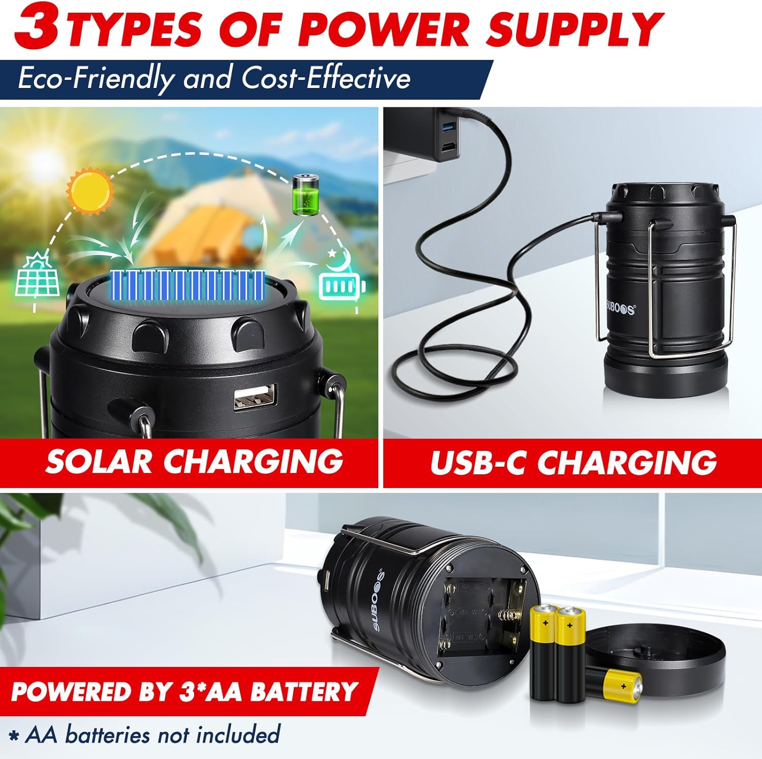 Detalle de SUBOOS Rechargeable Camping Lanterns: Solar & Battery Powered Light with Magnetic Base