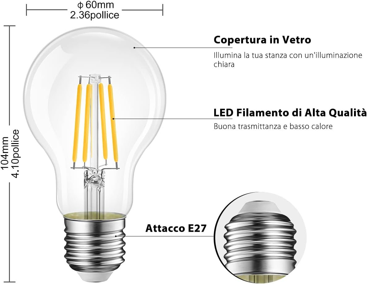 Thumbnail 2 de Lampadine LED E27 LVWIT stile filamento A60 da 11W, luce calda 2700K (pacco da 6)